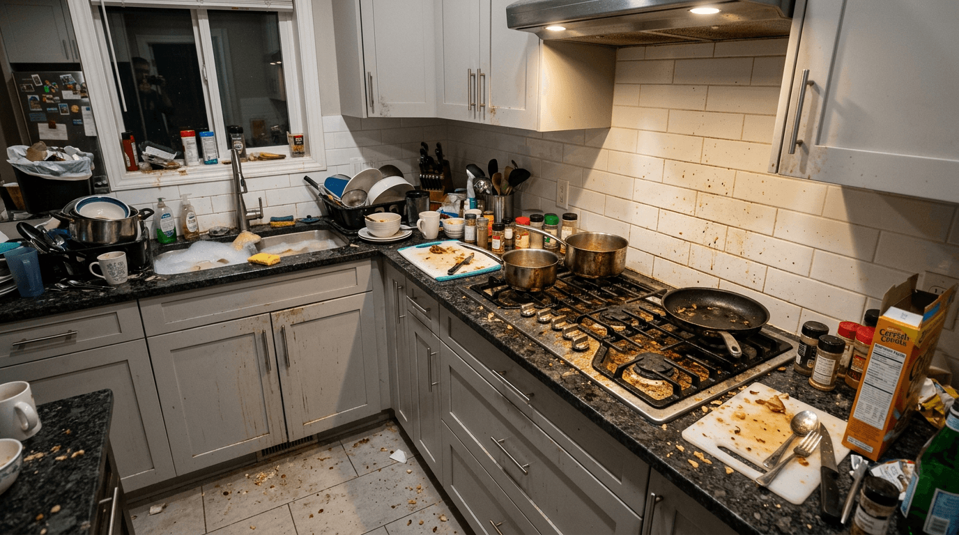 Calgary kitchen counters and stovetop before professional deep cleaning — grease buildup and clutter