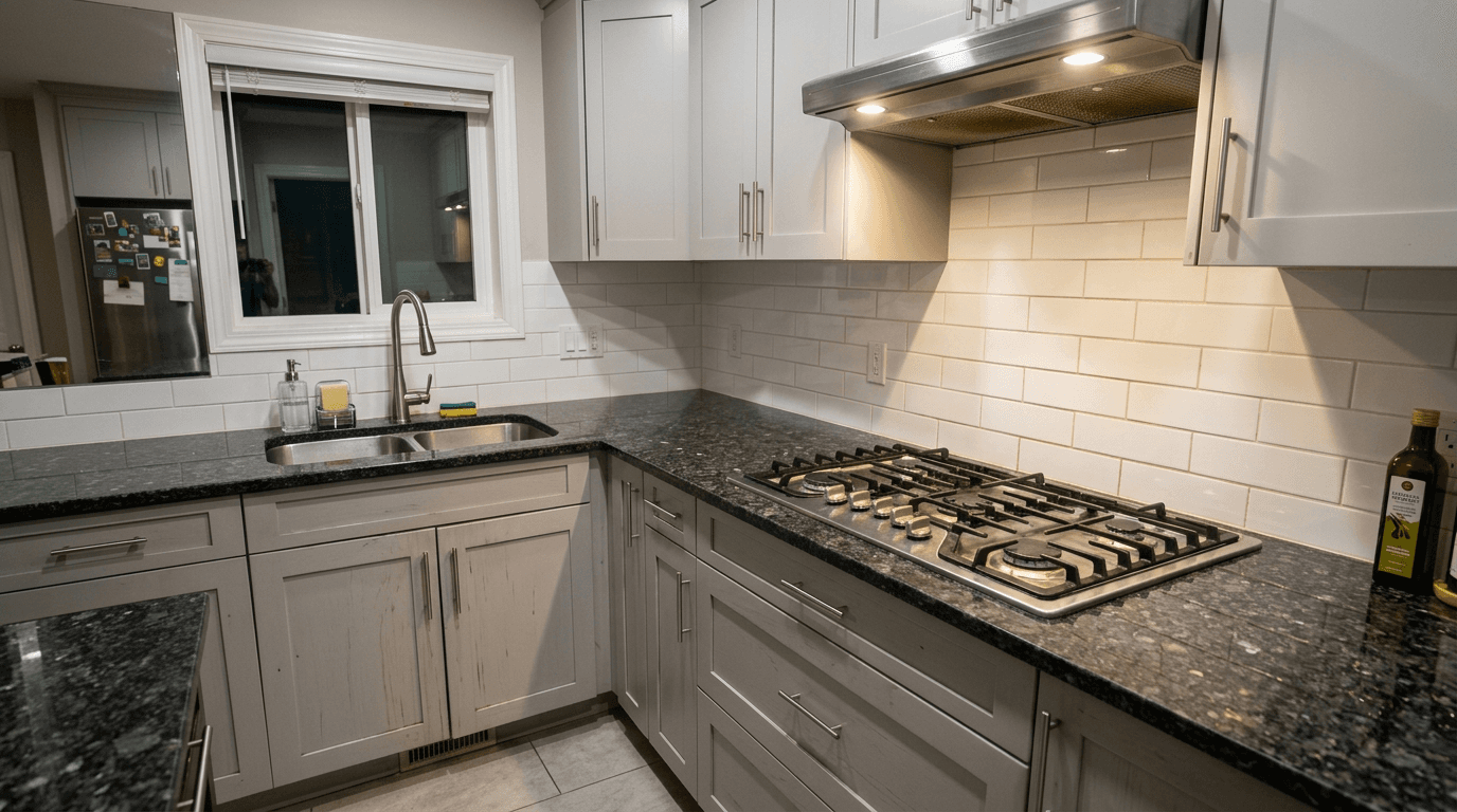 Same Calgary kitchen after a Three North Clean deep clean — spotless counters and gleaming stovetop